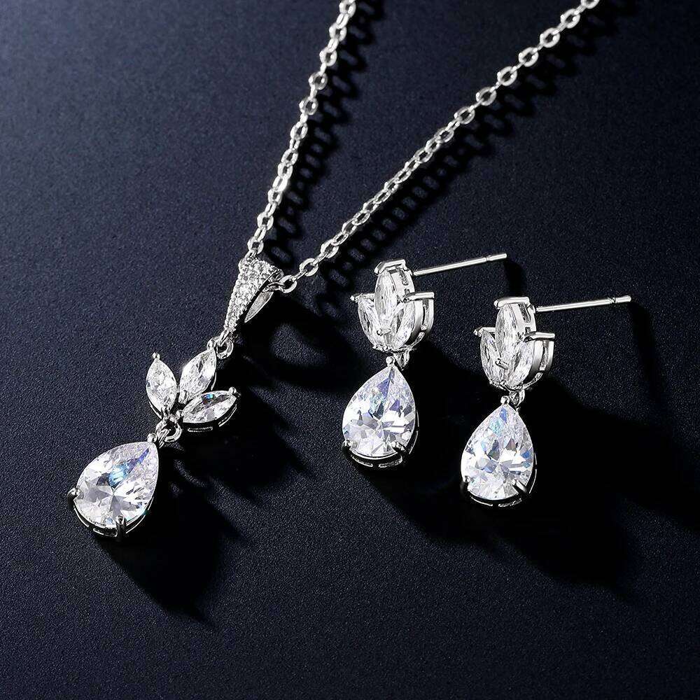 ZAKOL Classic Water Drop Shaped Earrings Necklace for Women Light Luxury Micro Inlaid Zircon Bridal Jewelry Gift