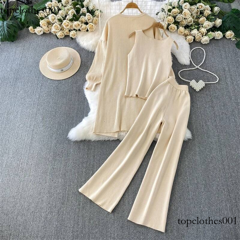 XFPV Casual Style Women 3 Piece Set Loose Mid-Length Sweater Cardigan Jacket Sleeveless Knit Vest + Wide-Leg Pants Winter New