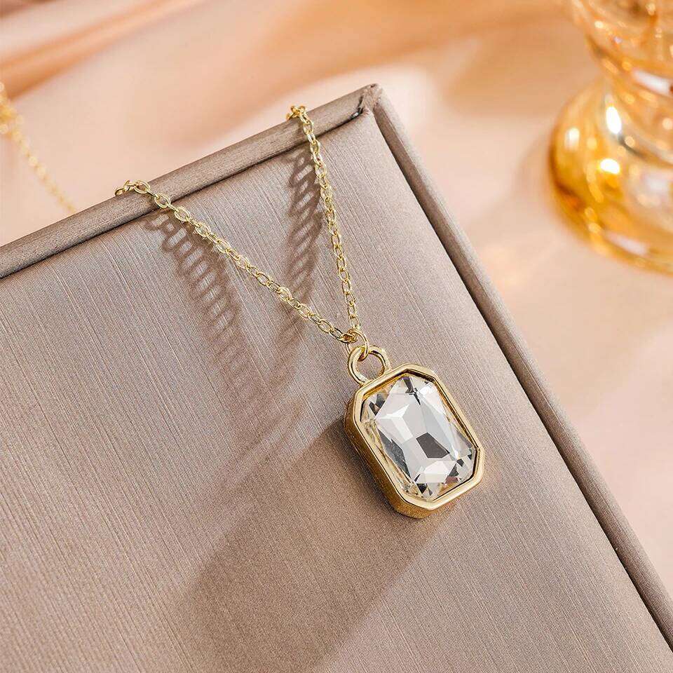 ZAKOL Green Purple Big Square Crystal CZ Pendant Necklace for Women Gold Color Chain Neckalces Collar Jewelry Gift