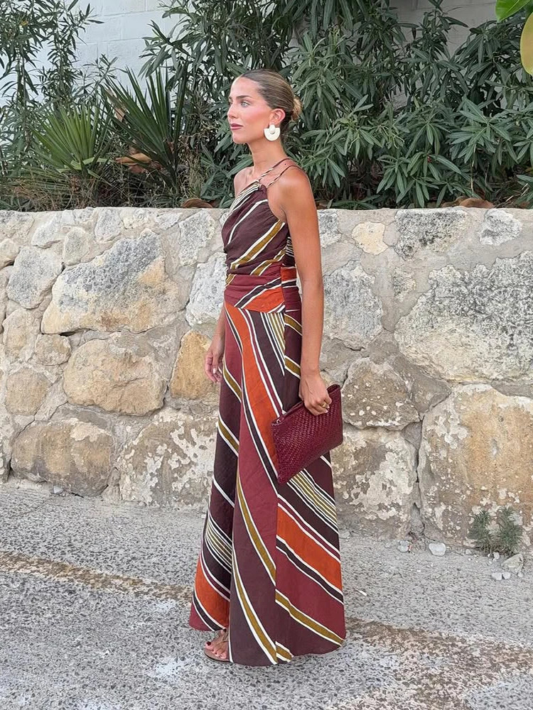 Women Stripe Printed Maxi Dress Sexy Single Shoulder Sleeveless Off-shoulder Long Dresses 2025 Lady Chic Holiday Summer Gown 251226