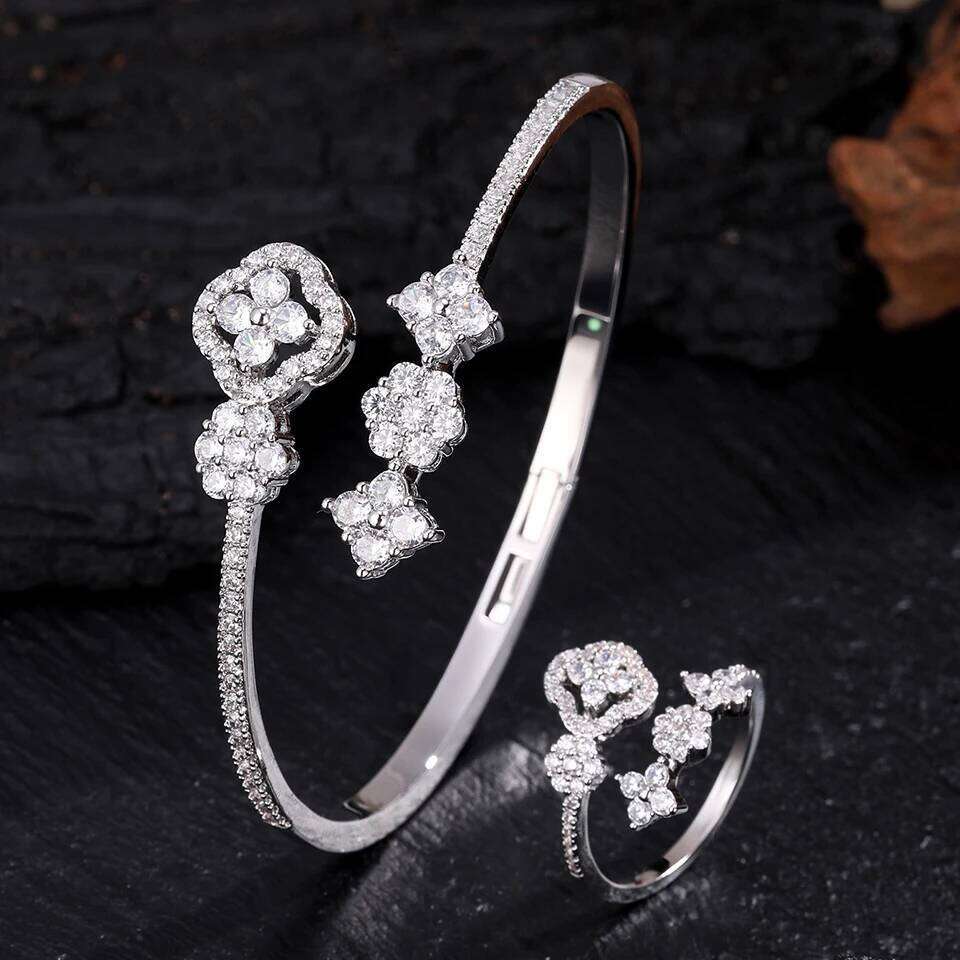 ZAKOL 9 Styles Slivery Open Bracelet Ring Set Luxury Shiny Zircon Middle East Trendy Jewelry for Women Gift