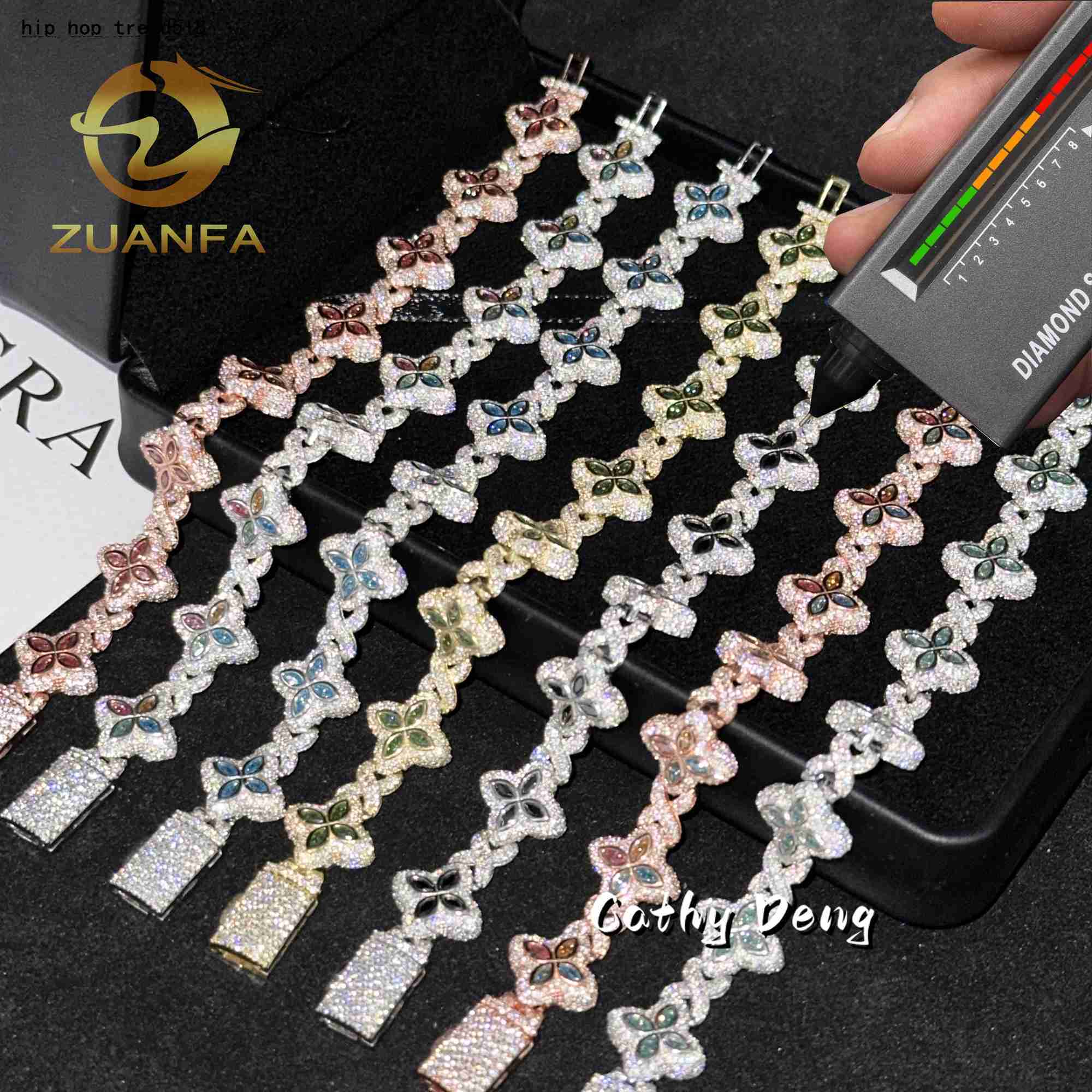 New 15mm Marquise Flower Design Hip hop Jewelry Iced out Unisex Moissanite Cuban Link Chain 925 Silver Moissanite Bracelet a