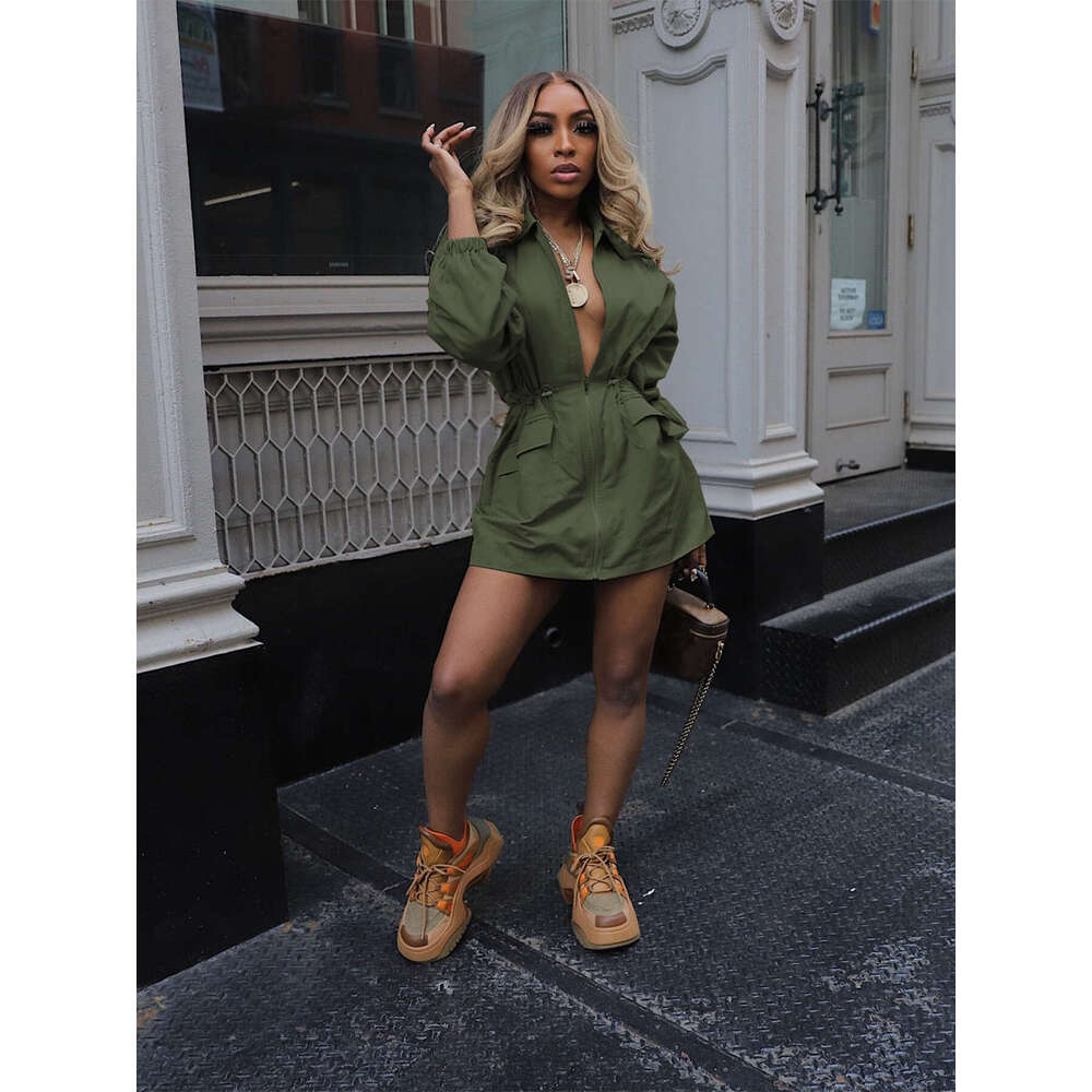 European American Spring and Autumn Drawstring Waist Mid-Length Trench Coat Women's Fashion Loose Casual Workwear Dress