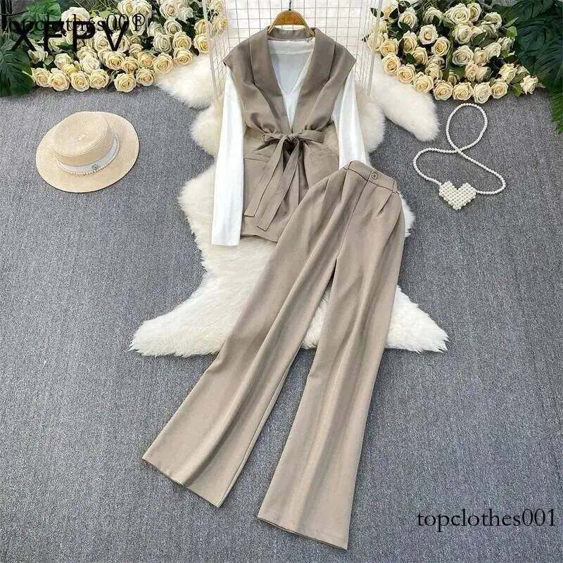 XFPV Korean Style 3 Piece Set For Women Autumn New Long Sleeves Knitted Sweater Loose Blazer Vest + High Waist Wide Leg Jeans