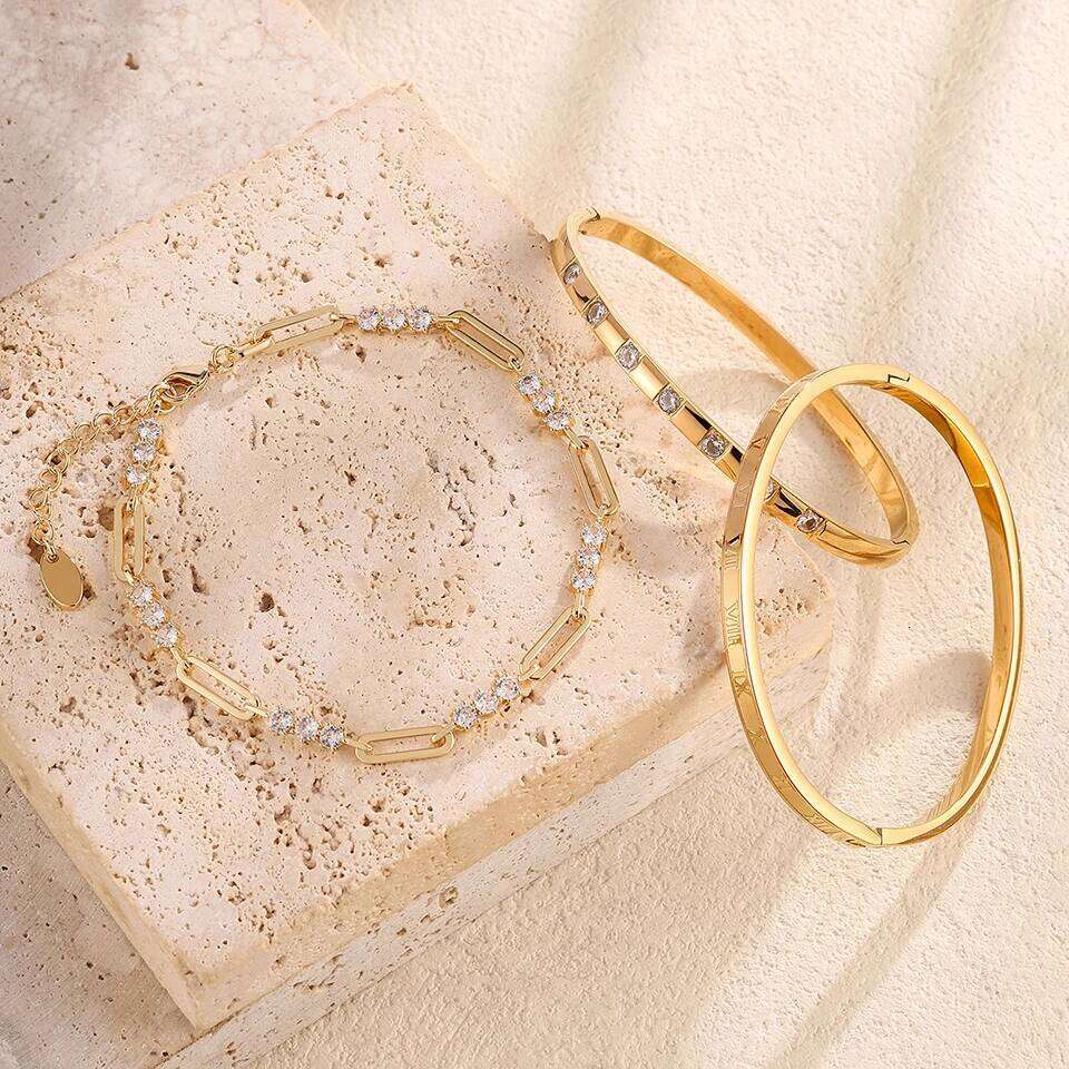 ZAKOL 3pcs Stainless Steel Bracelet Bangles Inlaid Round Zircon Shiny CZ Bracelets Daily Accessories for Women Men