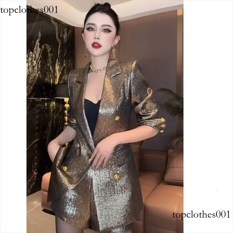 French Celebrity Metallic Shiny Party Suits Elegant Women Two-Piece Set Fashion Buttons Blazer + Slim Shorts OL Outfits 194B