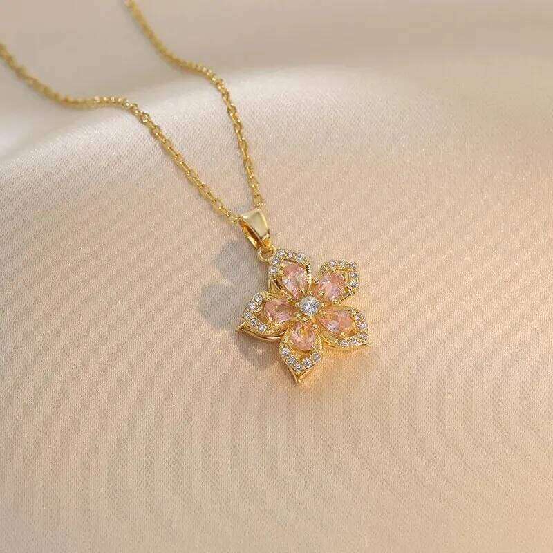 Light Luxury Spin Zircon Flower Pendant Necklace for Women Gold Color Quality High Sense Chain Necklaces Party Jewelry Gifts