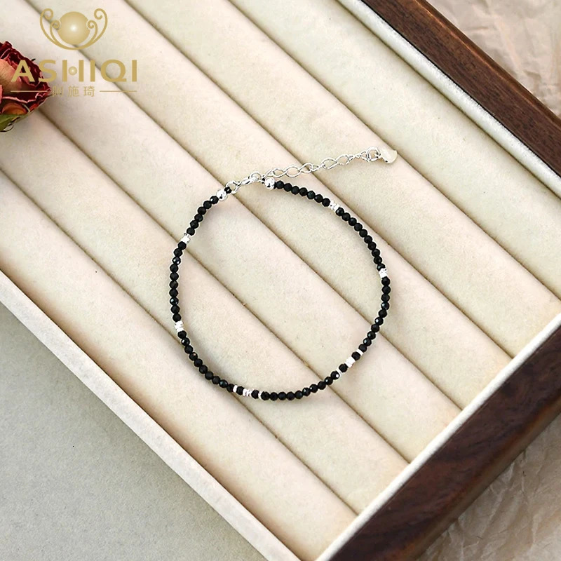 ASHIQI Black Spinel Woven Bracelet 925 Sterling Silver Jewelry for Womens 251223