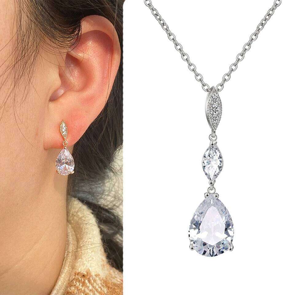 ZAKOL 2 Pcs Water Drop Zircon Earrings Necklace Wedding for Women Shining Crystal CZ Party Jewelry Set