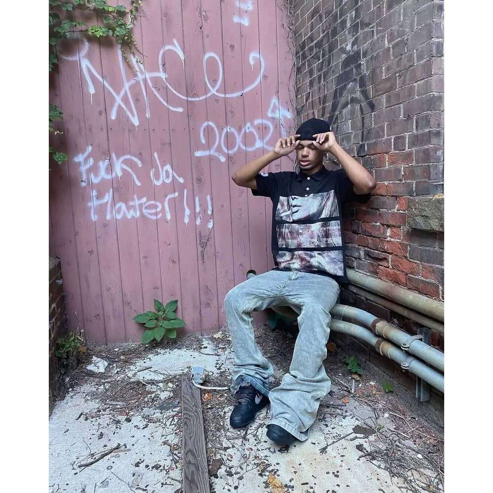 Comic Split-screen Retro Grainy Pattern Printed T-shirt Trend Street Hip-hop Y2K Black Polo Shirt Men Summer New Versatile Tops