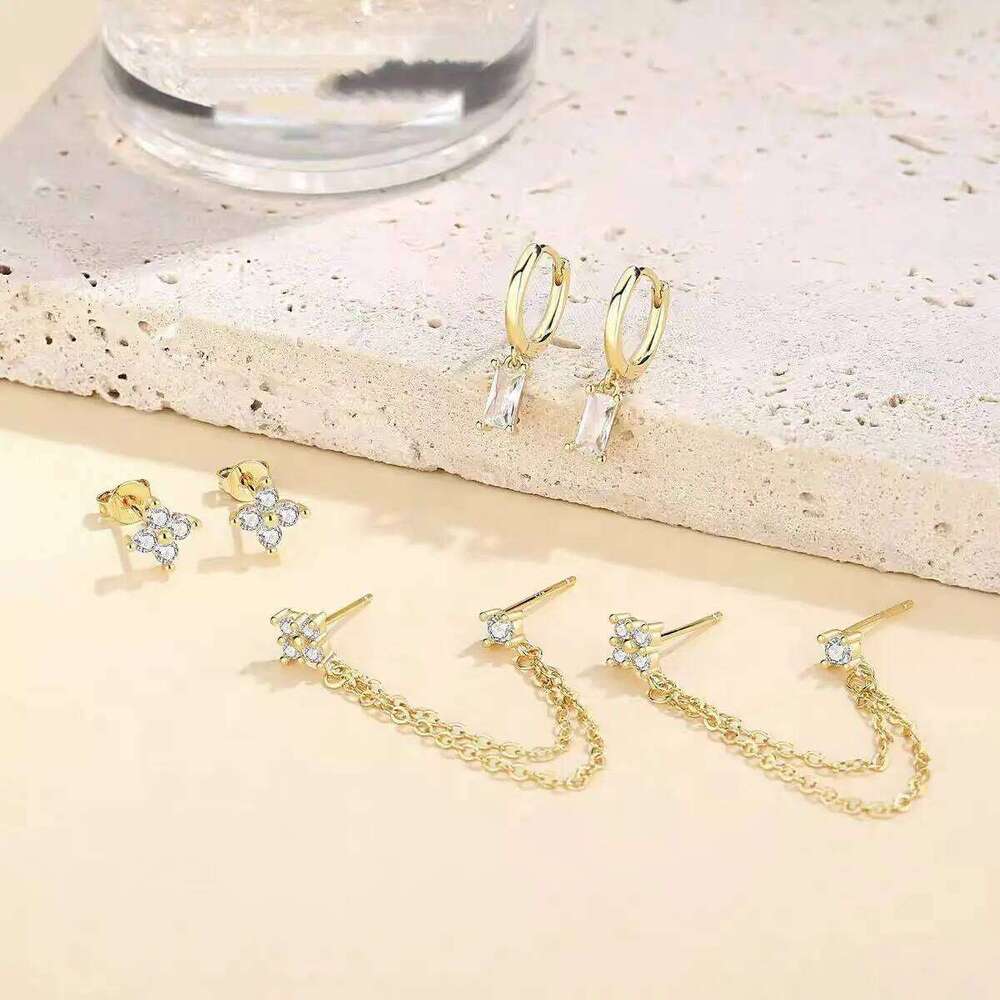 ZAKOL 3pcs Gold Color Stainless Steel Four-Leaf Flower Crystal Stud Earrings Set For Women Exquisite Piercing Jewelry Charm