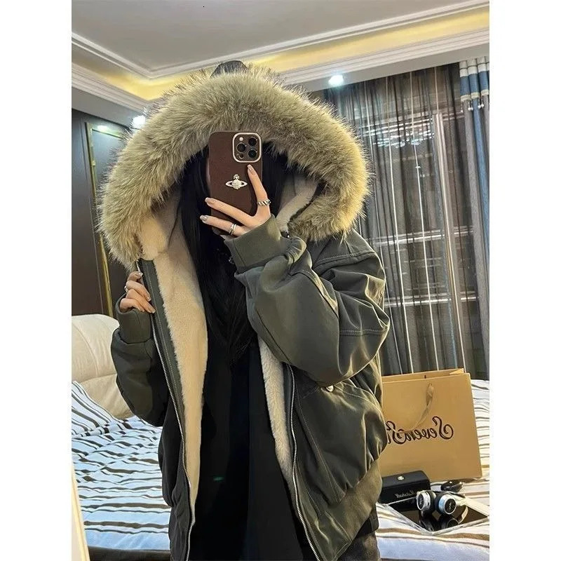 American Street Fur Collar Zipper Hooded Jacket Women Autumn Winter Retro Velvet Thickened Warm Fashion Loose Casual Jacket 251223CJ