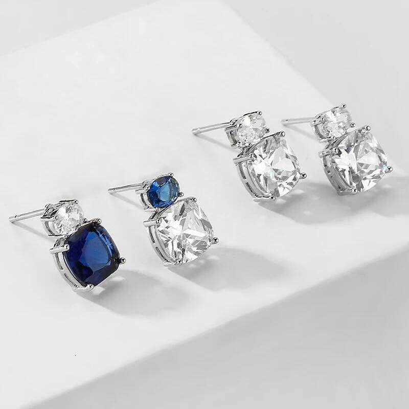 ZAKOL Exquisite Round Square Blue Zircon Stone Asymmetric Stud Earrings for Women Simple Couple Jewelry Gift Wholesale