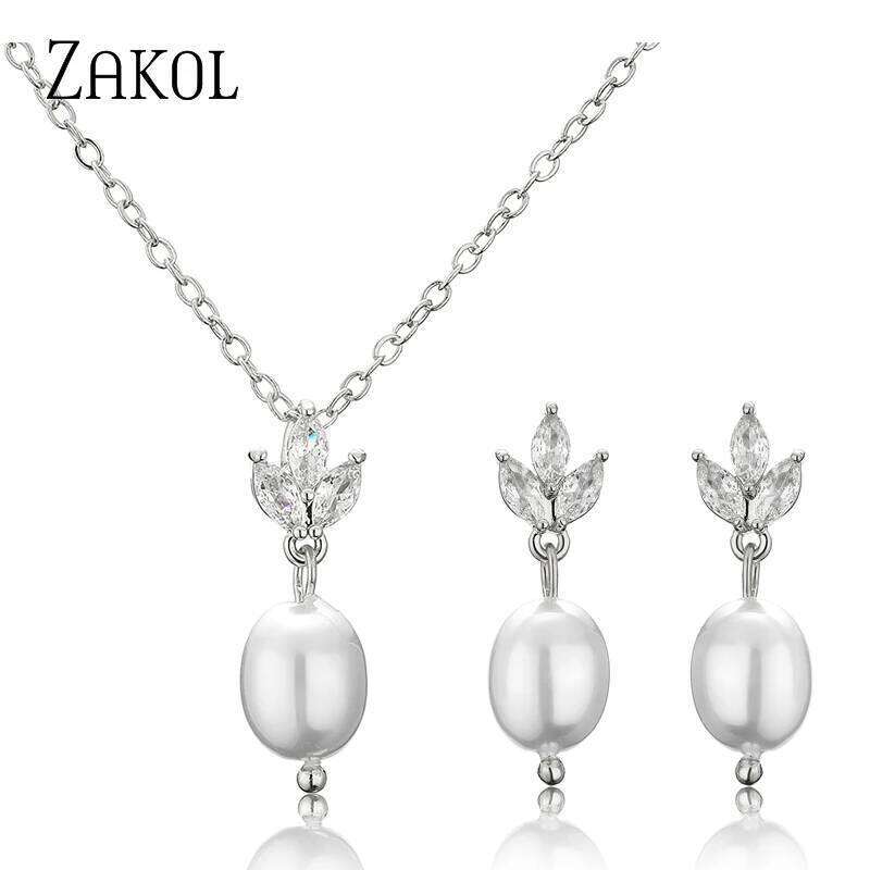 ZAKOL Fashion Leaf Shiny Zircon Pearl Drop Earring Necklaces Sets for Women Charming Wedding Jewelry Gift