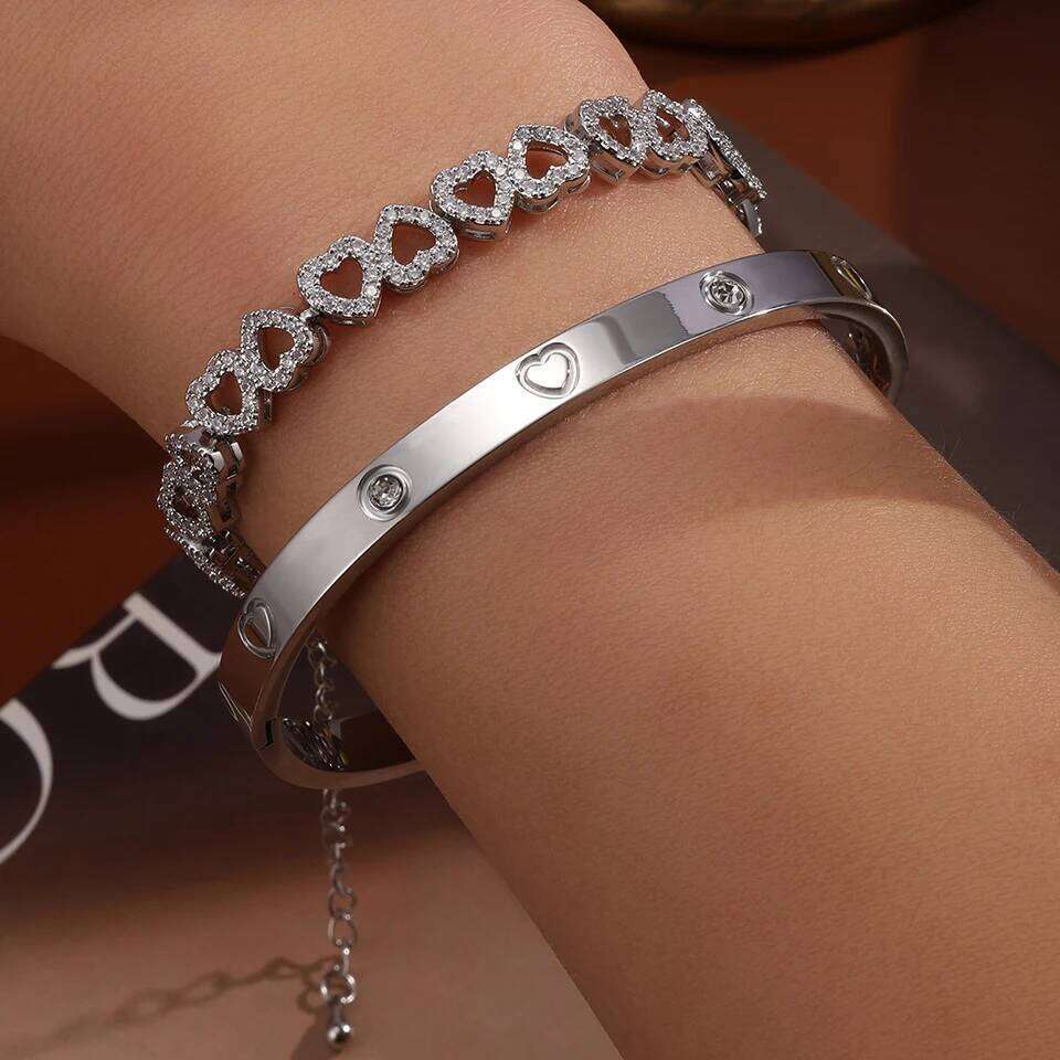 ZAKOL New Stainless Steel Stackable Bracelets Brilliant Zirconia Hollow Heart-shaped Charm Couple Bracelet Party Accessories