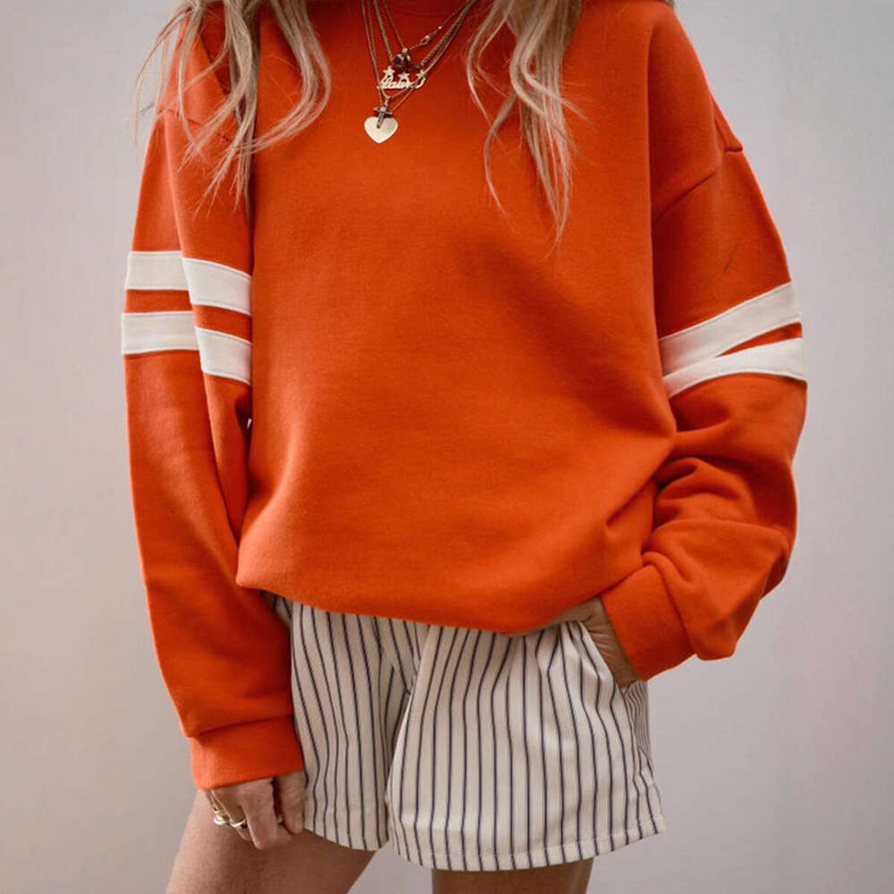 Autumn Winter New Loose Lazy Style Drop Shoulder Round Neck Sweatshirt for Women European American Fashion Striped Color Block Long Sleeve T-Shirt