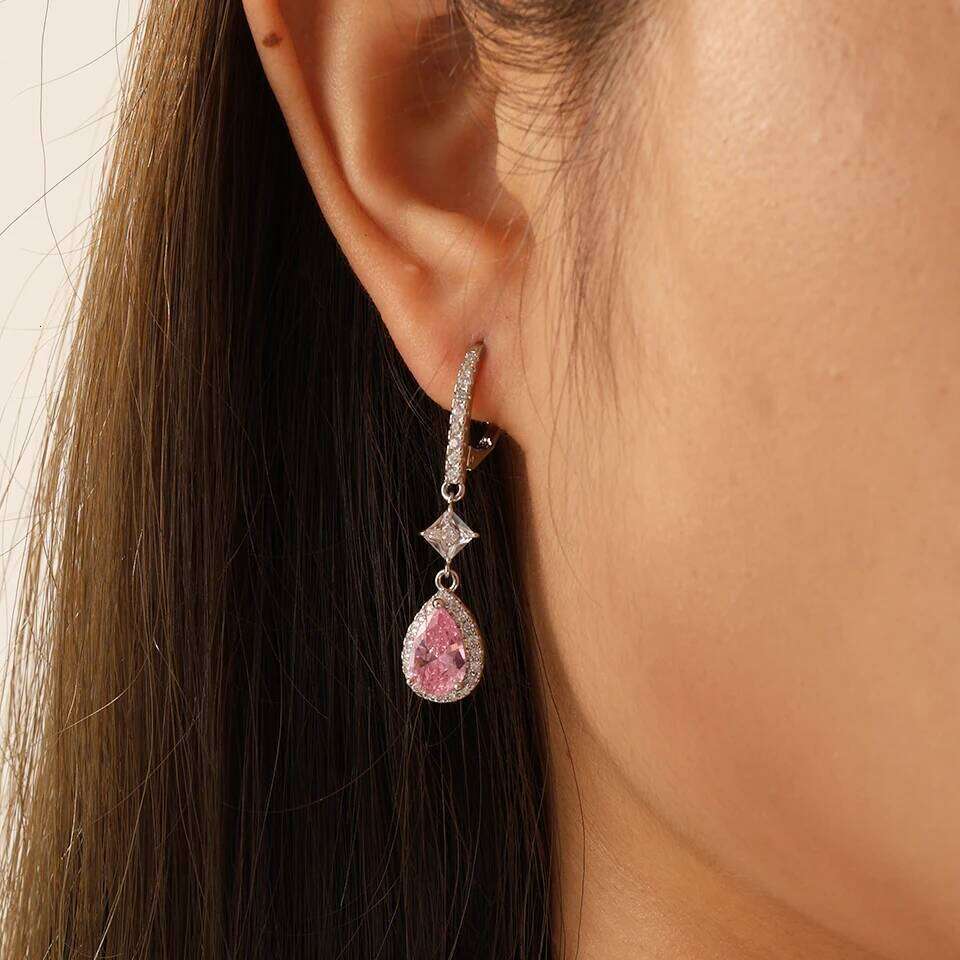 ZAKOL Fashion Pink Water Drop Zircon Hoop Earrings for Women Buling Cubic Zirconia Bridal Earring Wedding Party Jewelry
