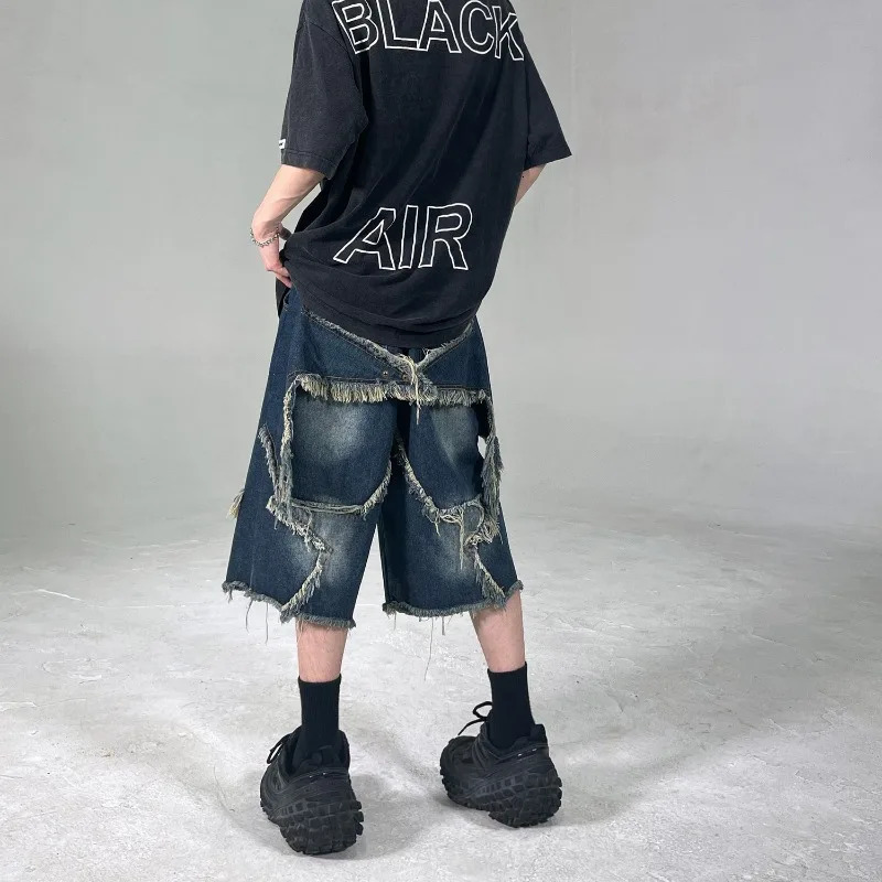 2025 Mens Denim Shorts Harajuku Retro Tassel Patchwork Mens Shorts High Street Loose Hip-hop Trend Streetwear Mens Wear 251223