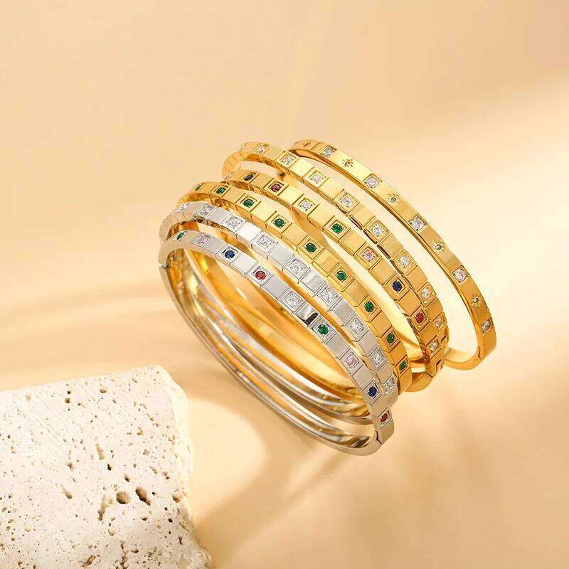 ZAKOL Inlaid Square Small Colored Zircon Stainless Steel Bangle Bracelet for Women Luxury Gold Plated Wedding Party Jewelry