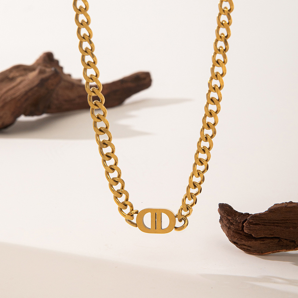 Luxury Brand Designer Jewelry European And American Internet Celebrity Gold Thick Chain Double D Letter Titanium Steel Necklace For Women Hip Hop Pers