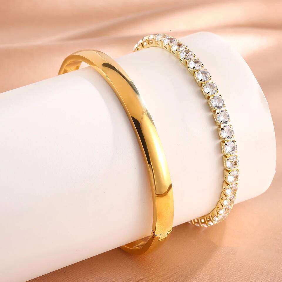 ZAKOL 2Pcs/Set Smooth Stainless Steel Bangle Zircon Tennis Bracelet Set for Women Simple Fashion Daily Jewelry Accessories