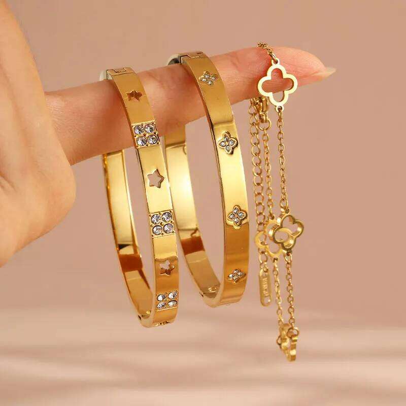 ZAKOL 3 Piece Hollow Lucky Clover Flower Bracelet Set for Women Fashion Stainless Steel Shiny Zircon Charm Party Jewelry Gift