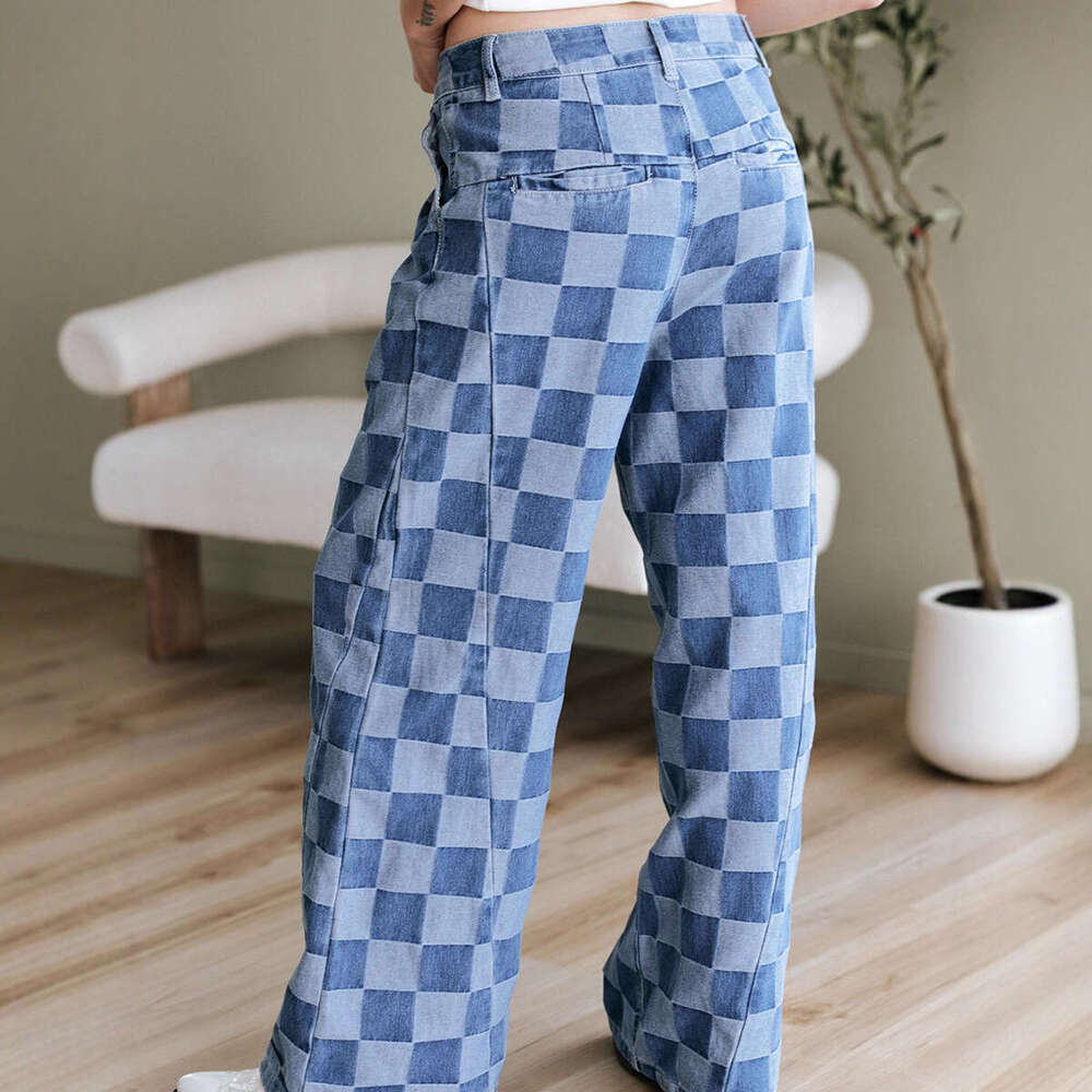 European American Style Trendy Checkerboard Print Jeans Spring and Autumn New High Waist Loose Wide Leg Pants for Women