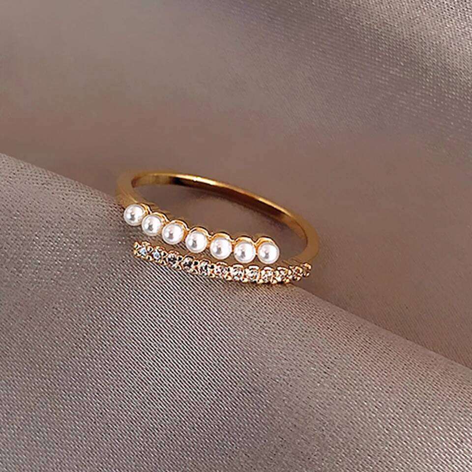 ZAKOL Korean Fashion Gold Color Round Small Pearl Open Ring Shiny Zircon Minimalist Women Daily Accessories