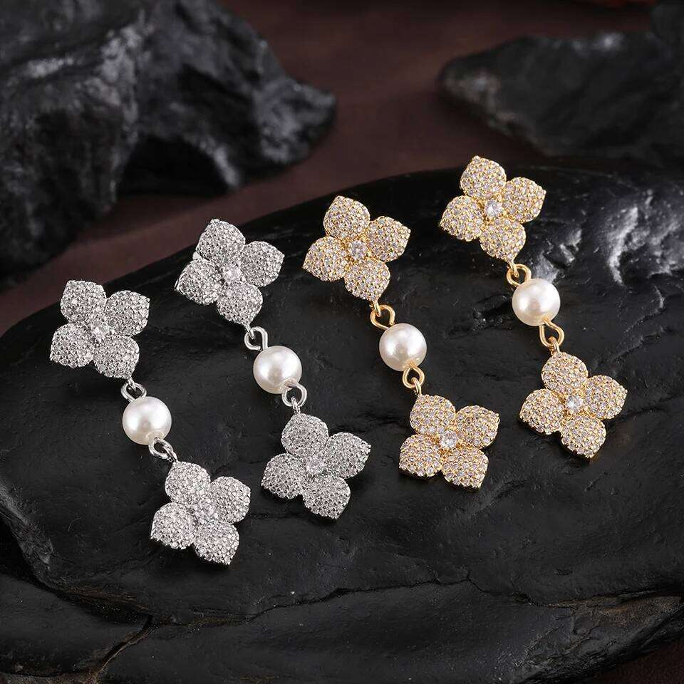 ZAKOL New Shiny Micropaved Zirconia Leaf Flower Drop Earring Imitation Pearl Glamor Bridal Earrings Women's Wedding Jewelry