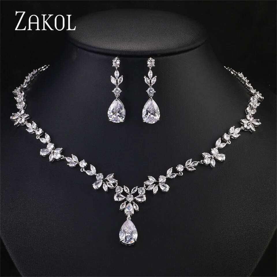 ZAKOL Brand Luxury AAA Zircon Earrings Necklace Set Gorgeous Crystal Dubai Wedding Party Jewelry