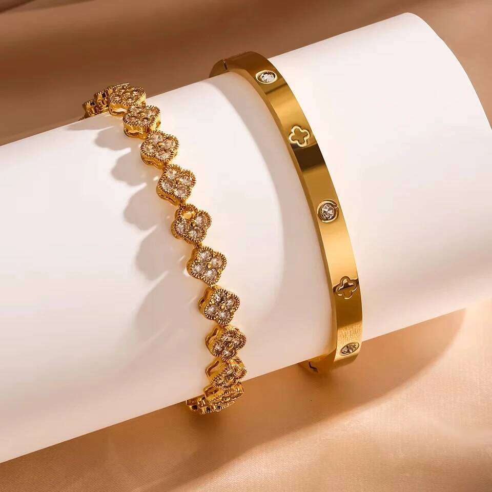 ZAKOL 2 Pcs Brilliant Zirconia Four-leaf Flower Bracelet Bangle Set for Women Exquisite Stainless Steel Daily Bracelets