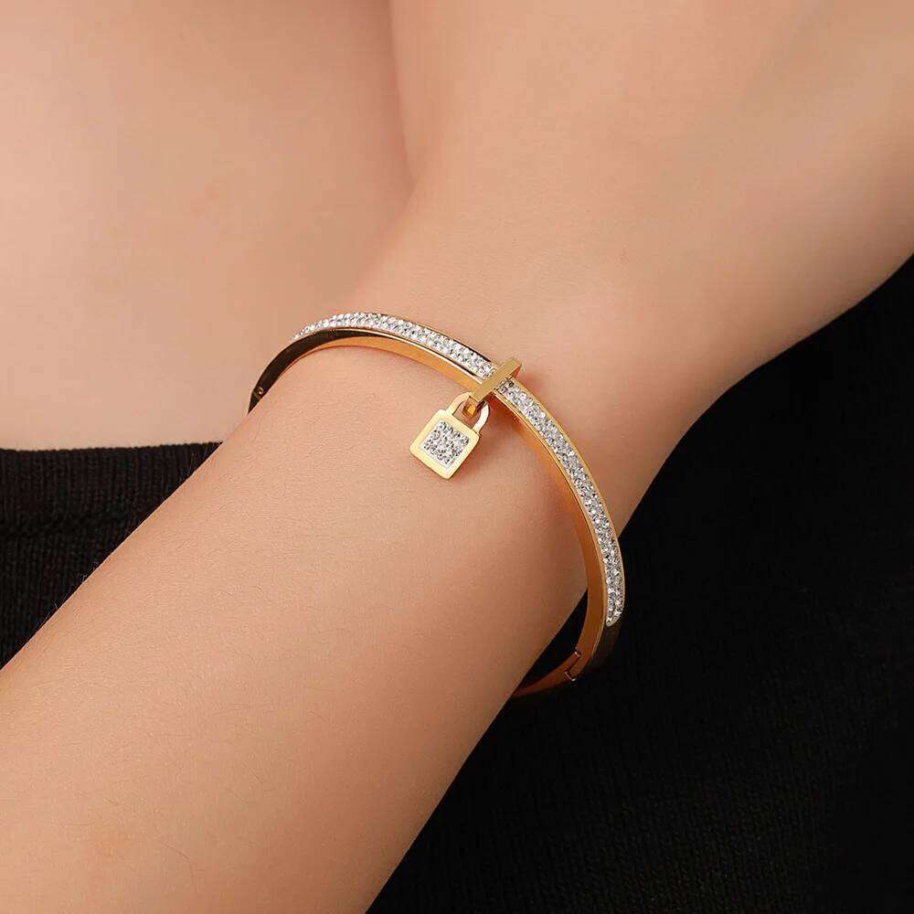 ZAKOL Stainless Steel Micro Inlaid Zircon Padlock Charm Bracelet Shiny Crystal CZ Non-fading Waterproof Bangle Party Jewelry