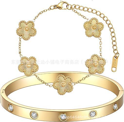 Luxury Brand Designer Jewelry Hot Sale Titanium Steel Five-Leaf Flower Bracelet Oval Inlaid Diamond Bangle 18K Gold High-Grade Non-Fading Bracelet Who