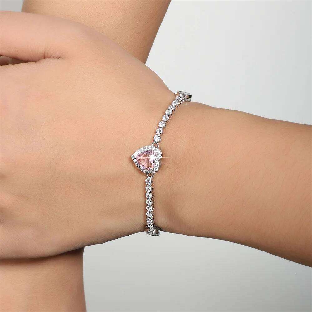 ZAKOL Fashion Pink Heart Shaped Zirconia Charm Bracelet for Women Exquisite Sweet Engagement Birthday Jewelry Gift