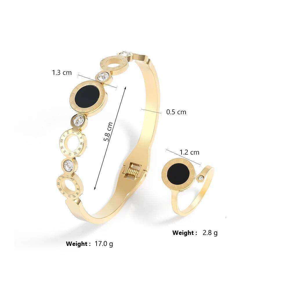 ZAKOL 2 Pcs Fashion Rings For Women Black Acrylic Roman Numeral Stainless Steel Couple Bracelet Jewelry Set Gift