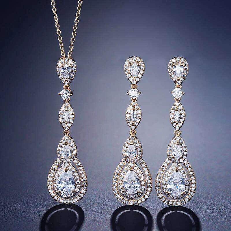 ZAKOL Elegant Zircon Bridal Wedding Jewelry Set Luxury Clear AAA Cubic Zirconia Long Drop Earrings Necklace