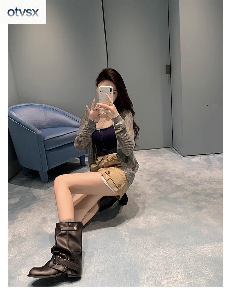 Otvsx autumn and winter new style retro style thick soled Martin boots height increasing luxury wide boots French niche design genuine leather texture