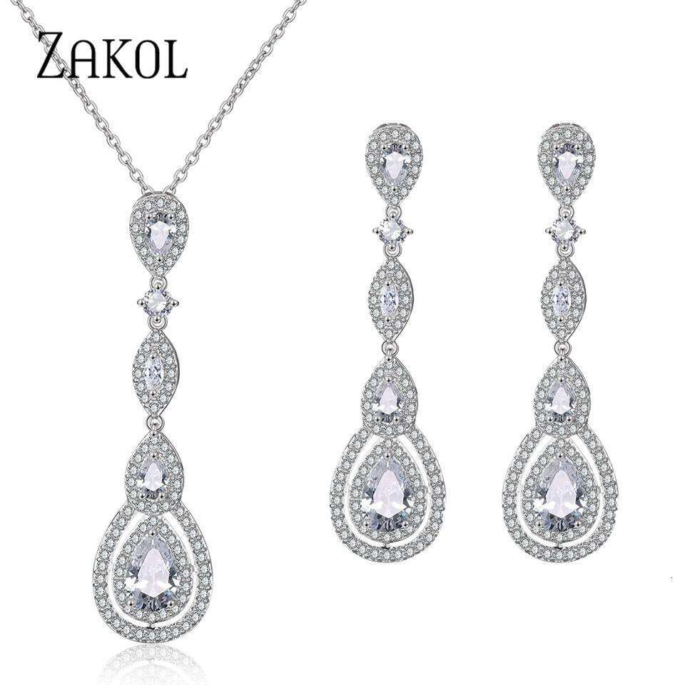 ZAKOL Elegant Zircon Bridal Wedding Jewelry Set Luxury Clear AAA Cubic Zirconia Long Drop Earrings Necklace