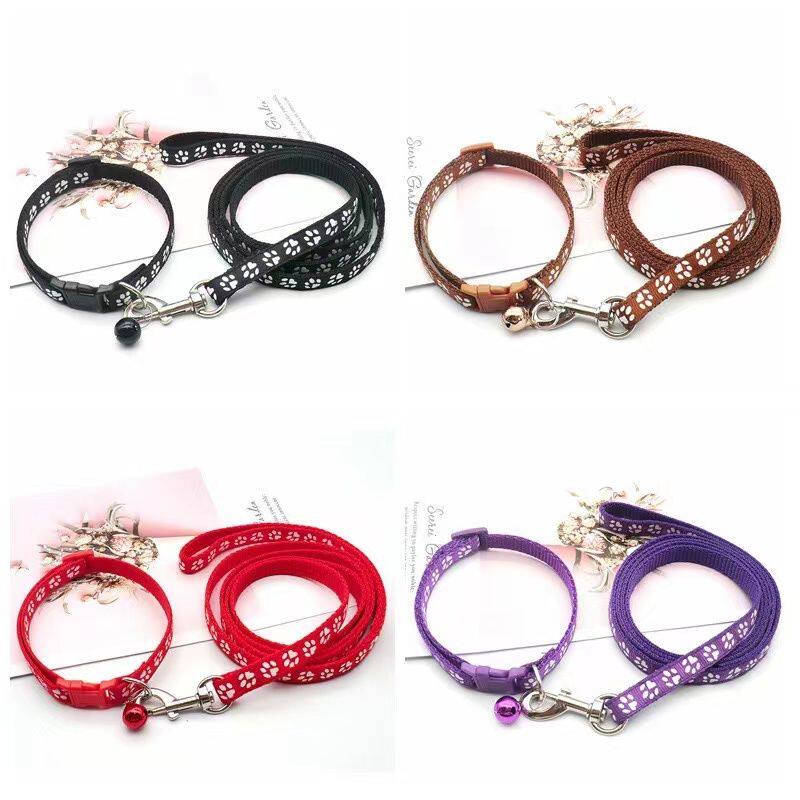 Stylish Paw Print Design Dog Cat Collar with Bell Strong Nylon Leash for Small Pets Adjustable Puppy Kitten Training Lead