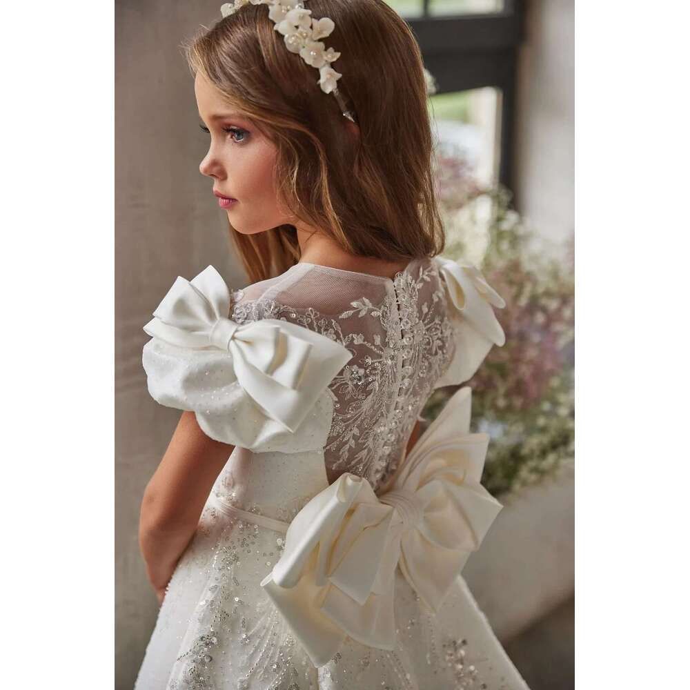 Holy White Ivory Flower Girl Dresses A Line Cap Sleeves Scoop Appliques Beaded Long First Communion Gowns Little Kids Birthday Party Dress D28 B0313