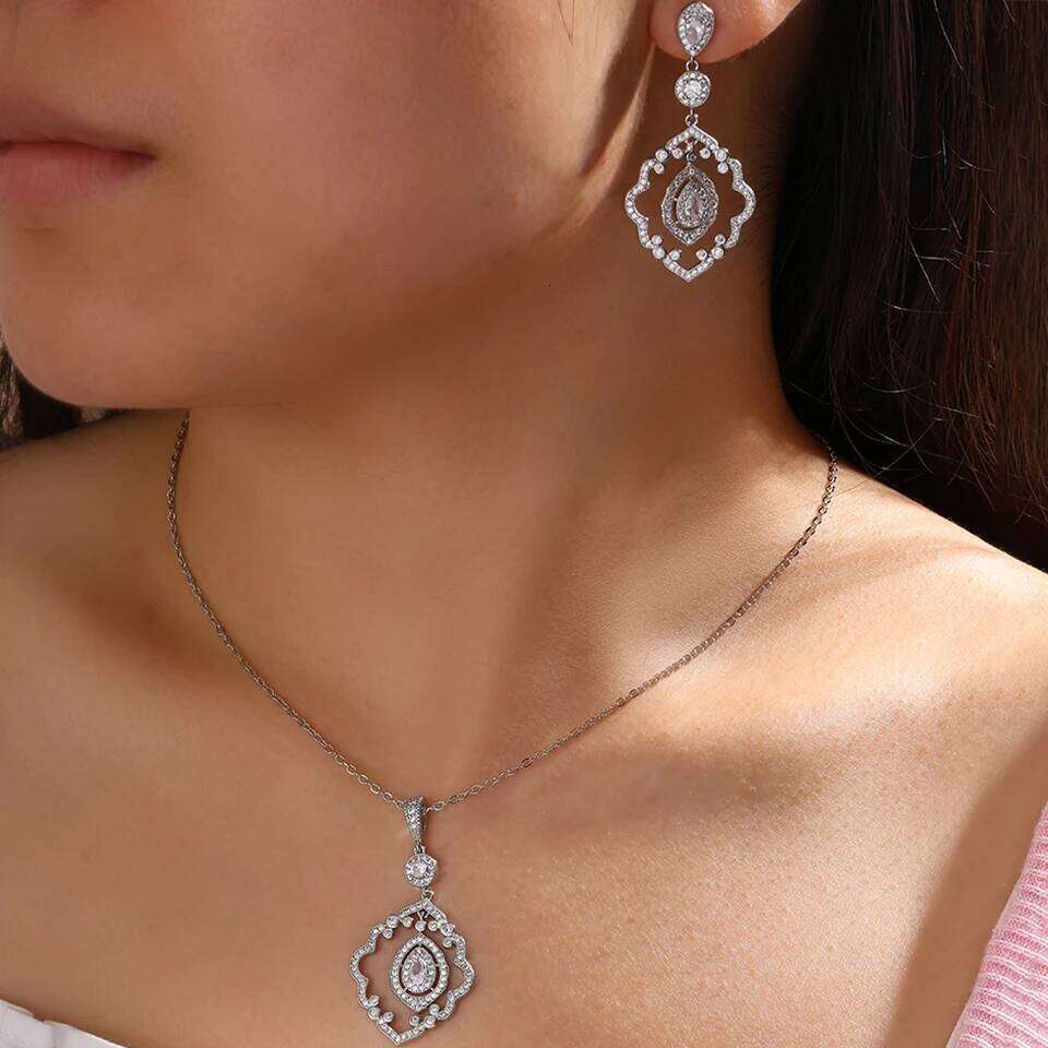 ZAKOL Classic Luxury Hollow geometric Shiny Zircon Pendant Earrings With Gift Box Sliver Color Bride Wedding Party Jewelry Set