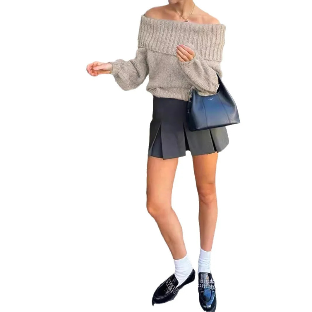 European And American Autumn And Winter Womens One Shoulder Solid Color Fashion Versatile Lantern Sleeve Knitted Sweater 251215