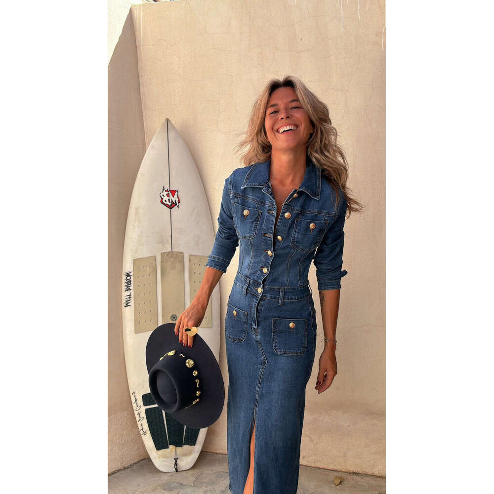 European and American Cross-Border Amazon Independent Station Fashion Casual Multi-Button Long Sleeve Denim Midi Dress