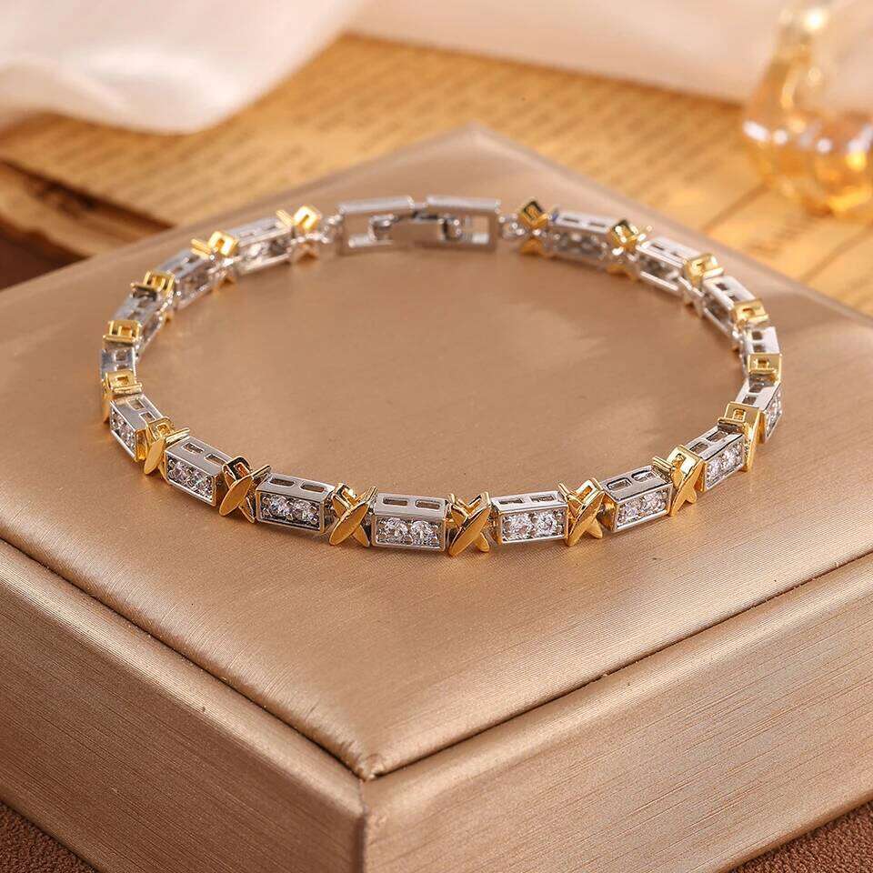 ZAKOL Three Gold Colors X Cross Design Zirconia Charm Bracelets for Women Exquisite Wedding Party Jewelry Gifts