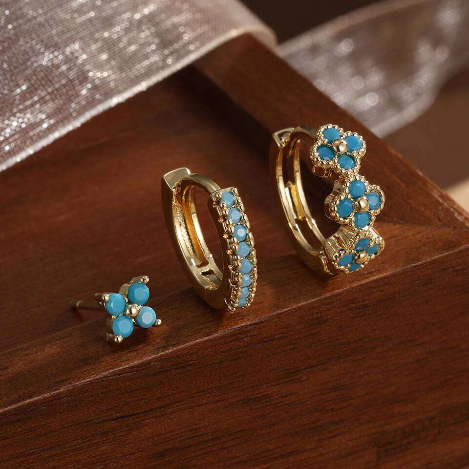 ZAKOL 6Pcs Fashion Blue Turquoise Series Hoop Earring Set for Women Girls Exquisite Shiny Zircon Jewelry Accessories Gift