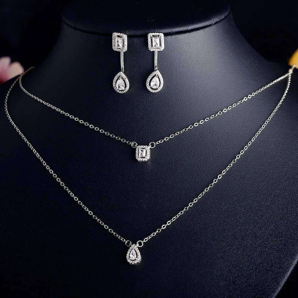 ZAKOL Classic Square Teardrop Shaped Zircon Double Pendant Necklace Earrings For Women Fashion Saudi Wedding Party Jewelry