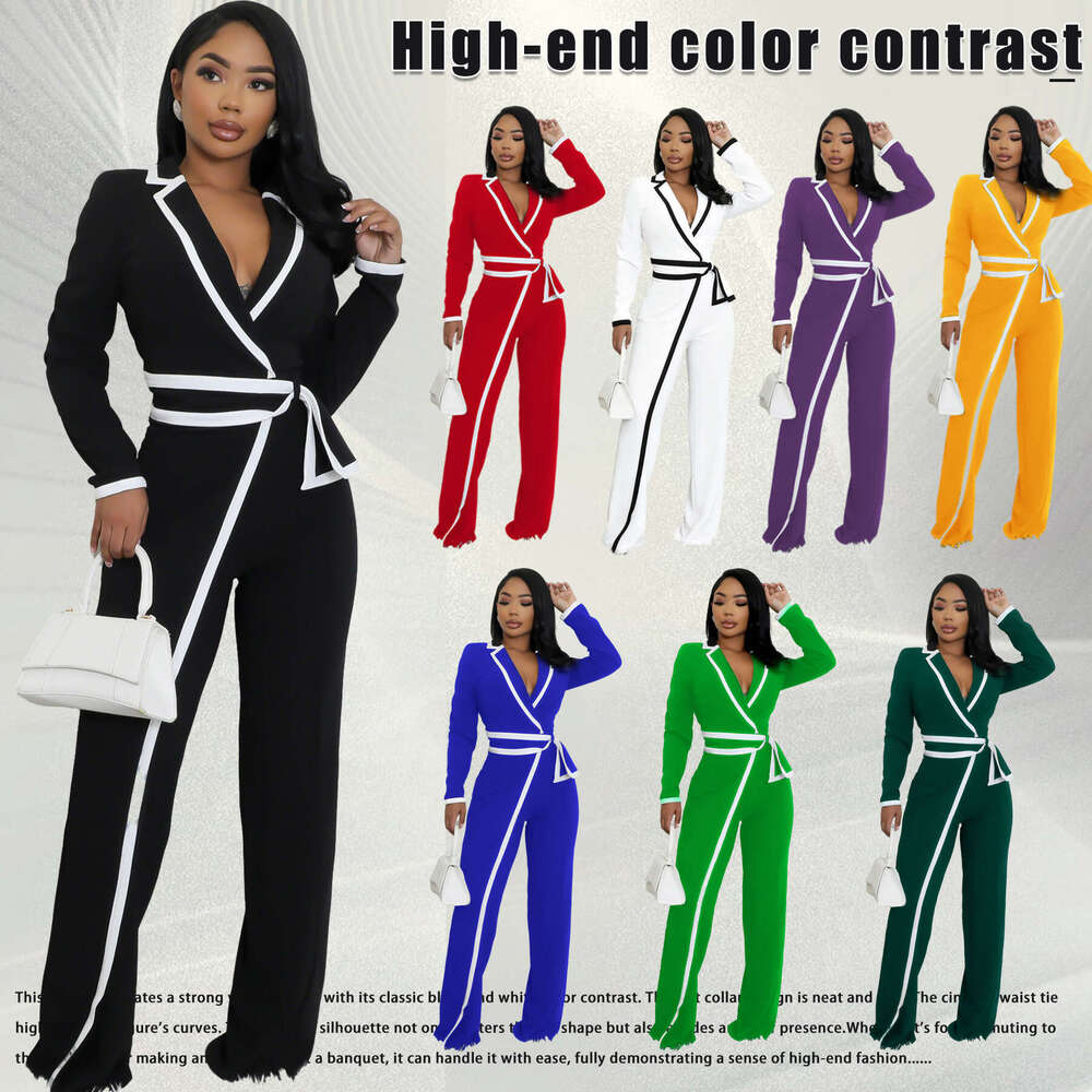 European American Cross-Border Amazon Fashion Women's Autumn and Winter Belt Design Two-Tone Patchwork Long Sleeve Jumpsuit