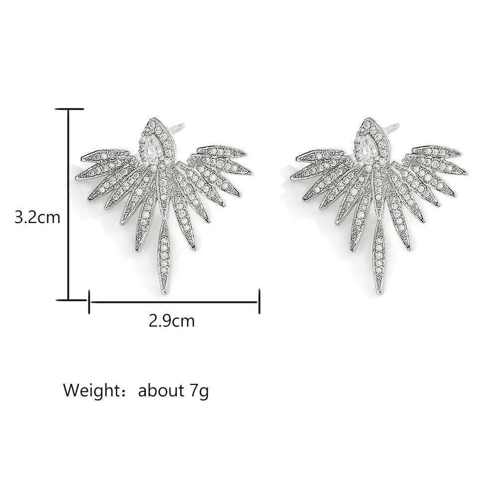 Elegant Cubic Zirconia Feather Earrings White Gold Color Crystal Zircon Statement Stud Earring Luxury Wedding Jewelry