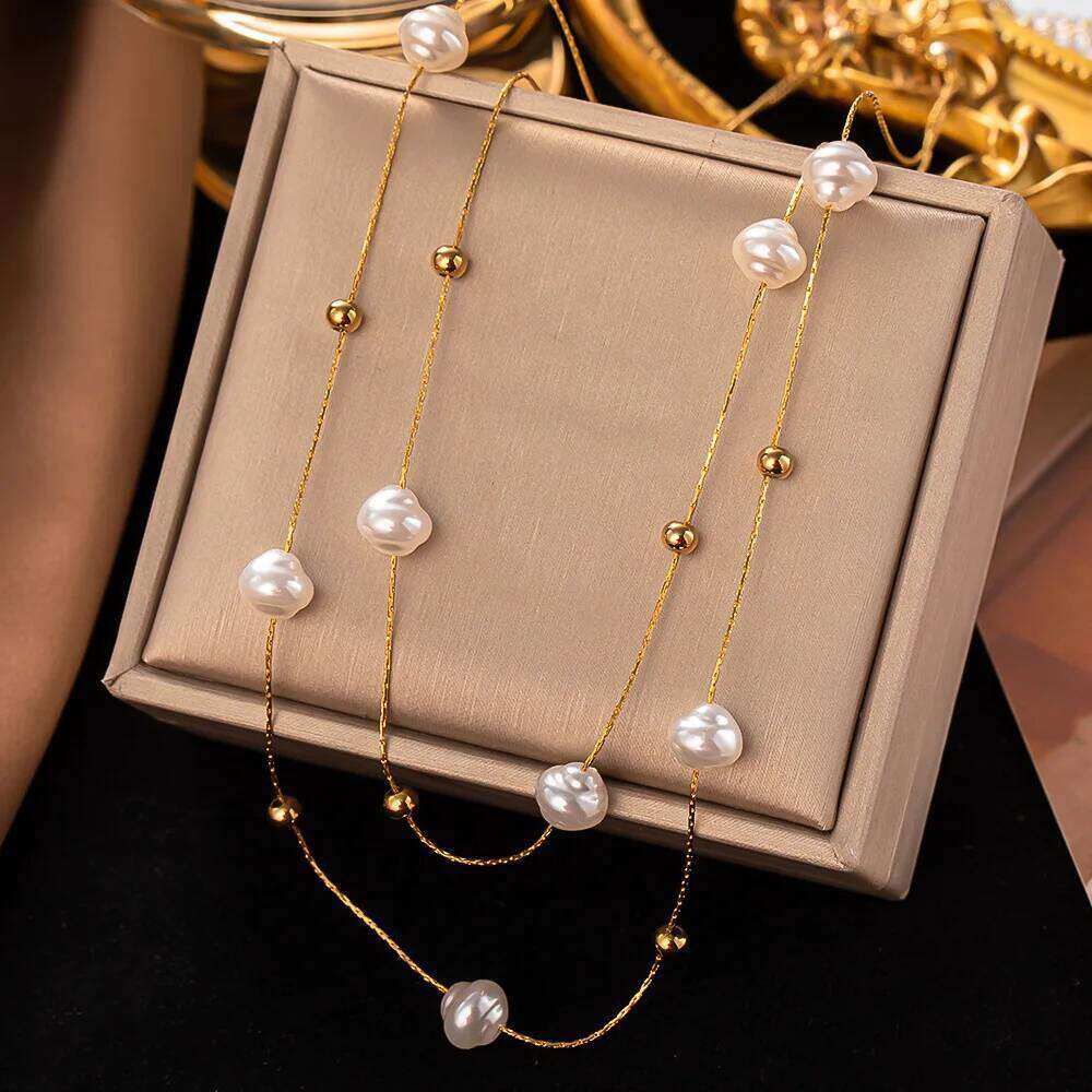 ZAKOL Stainless Steel Large Pearl Pendant Necklace For Women New Trend Girls Neck Jewelry Chain Party Wedding Gift