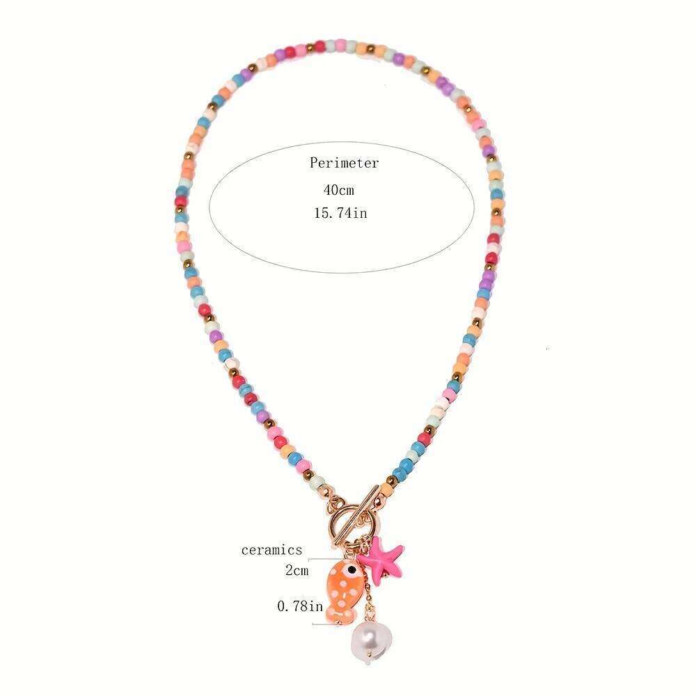 ZAKOL Bohemian Sea-Inspired Ceramic Fish & Starfish Pendant Necklace Dopamine Rainbow Color Beads Necklaces Beach Jewelry